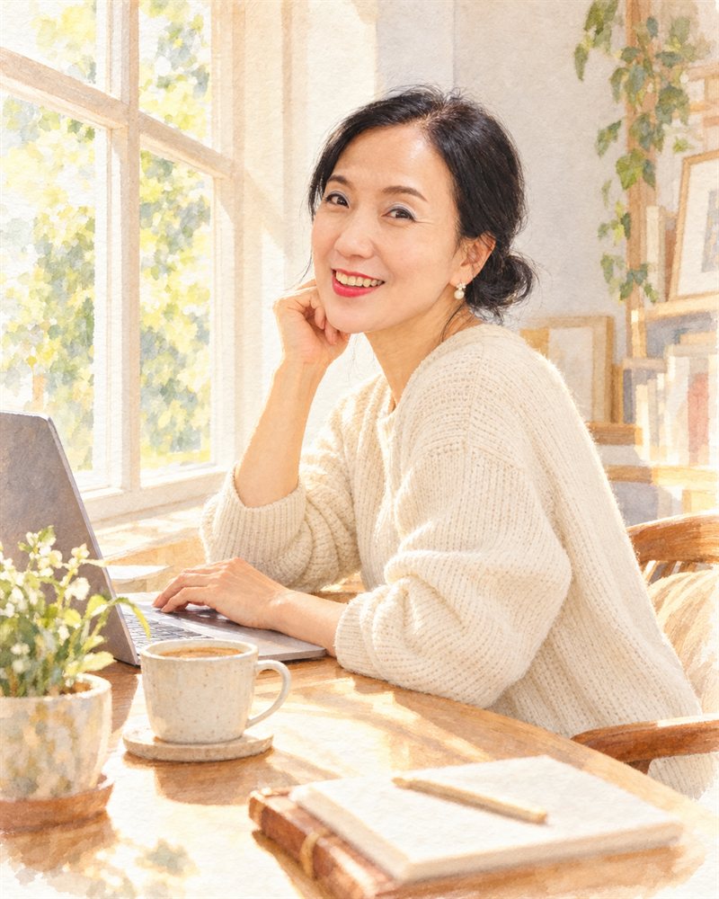 창가 책상에서 노트북으로 작업하며 웃고 있는 모모듀 대표 (수채화 그림)