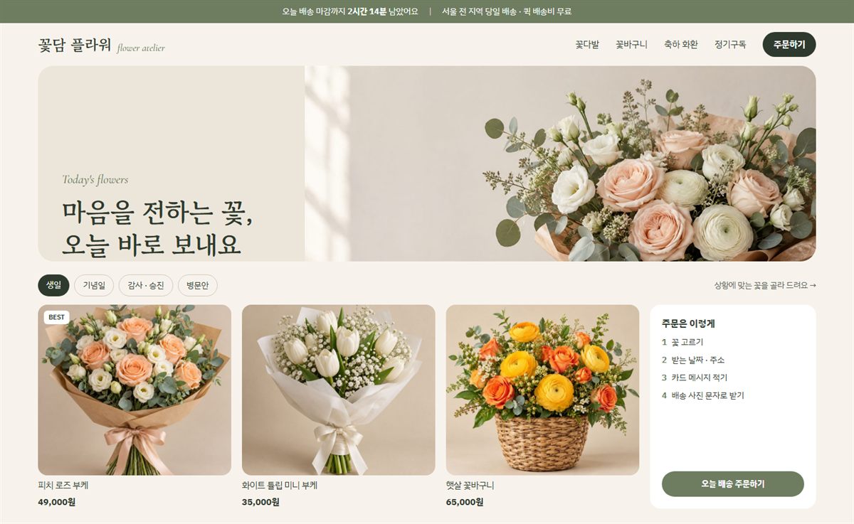 꽃집형 템플릿 샘플: 꽃다발 상품과 당일 배송 안내