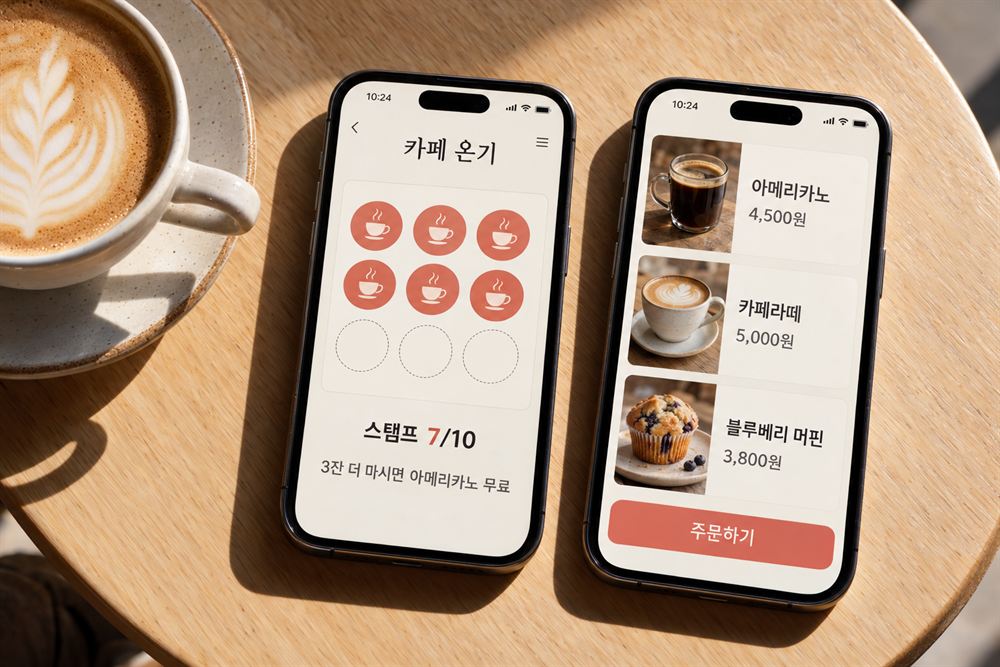 카페 스탬프 적립 앱과 주문 앱 화면