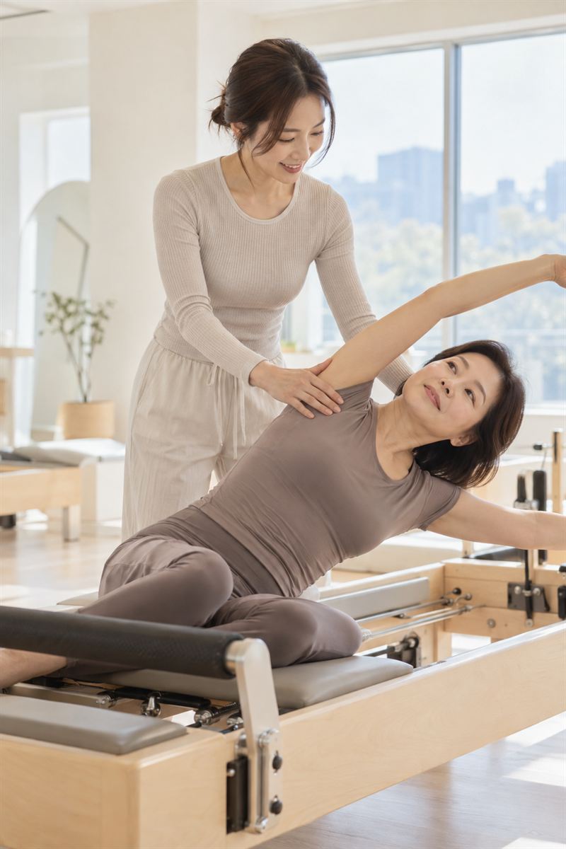 강사가 리포머 위 회원의 팔 동작을 잡아 주는 모습